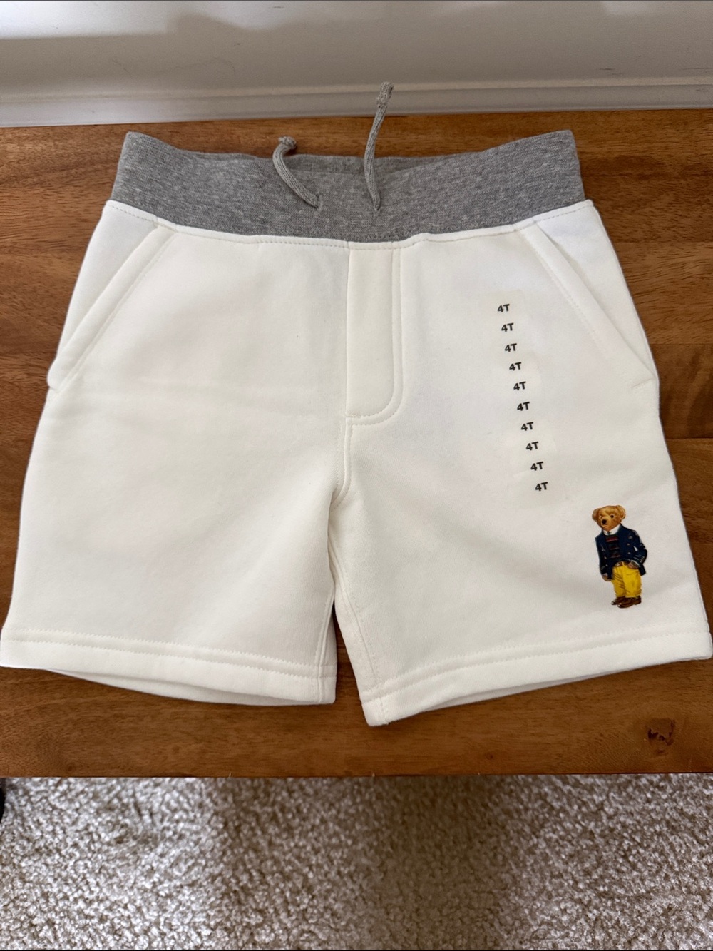 Polo by Ralph Lauren Cream Shorts with Gray Waistband & Bear Embroidery